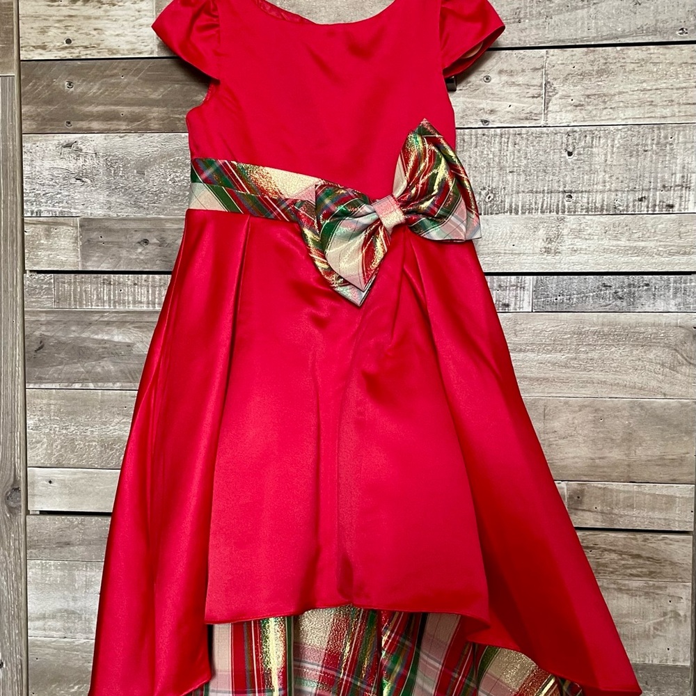Rare Editions Red Formal Kids Dress with Gold Plaid Bow